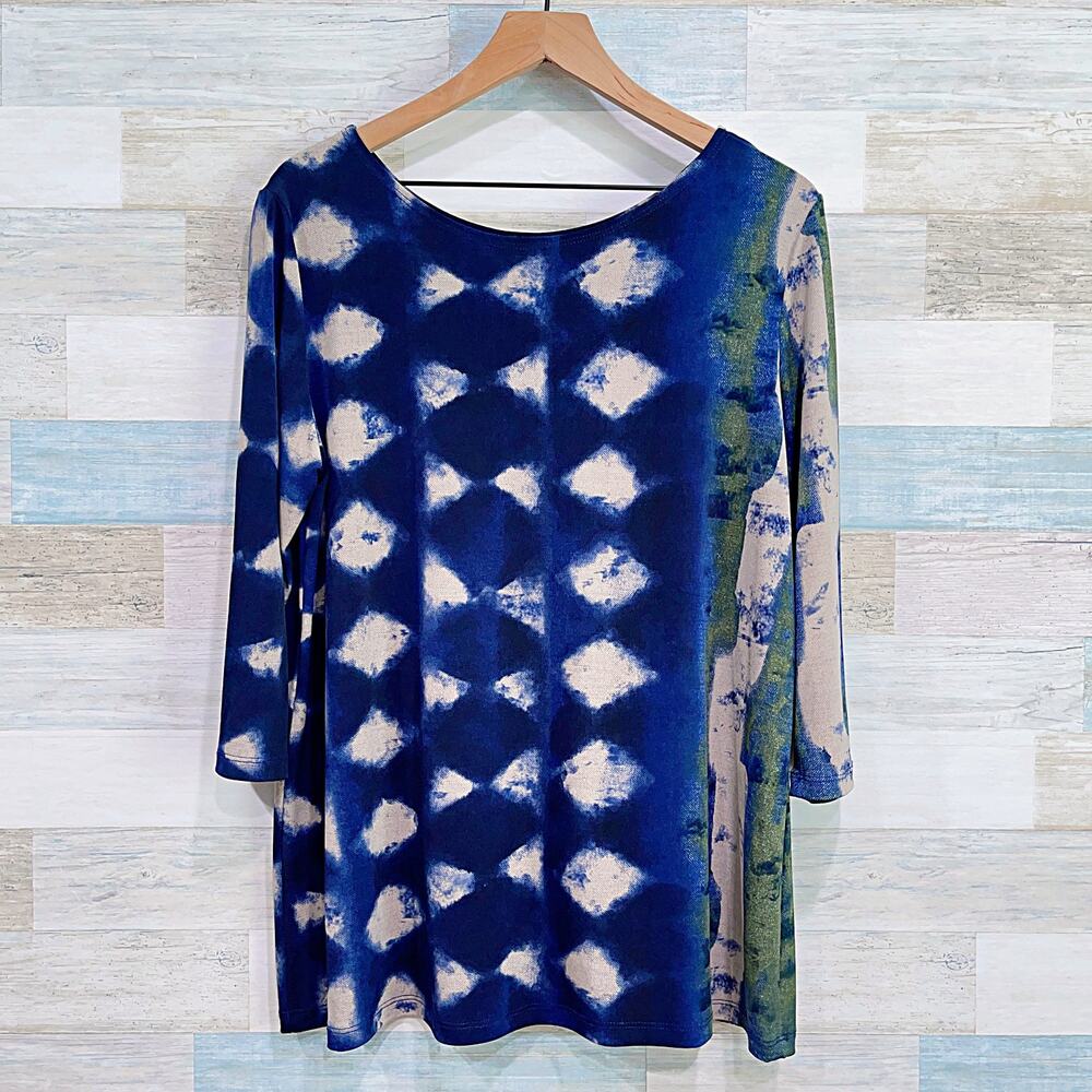 Clara Sun Woo Relaxed 3/4 Sleeve Jersey Tunic Top Blue Work Travel Womens Large